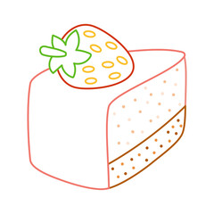 Piece of strawberry cake in bold colorful outline. Flat vector illustration isolated on white background. Fun dessert coloring page for kids books. Easy activity worksheet