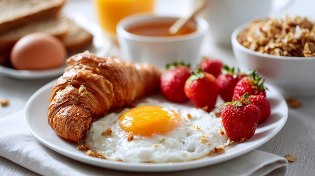 Breakfast plate with golden croissant, sunny side up egg, fresh strawberries, granola bowl, and a glass of orange juice ready to start a healthy morning meal
