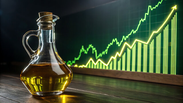Glass cruet of golden cooking oil set against a dark background featuring a bright green upward trending financial stock market graph indicating price increase