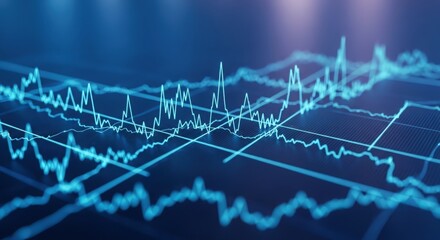 Dynamic blue market waveform showing volatility and complex price movement across layered lines and grids