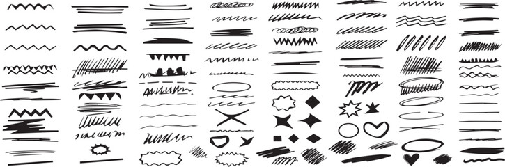 Scribble doodle underline emphasis line shape set. Hand drawn brush stroke elements. Hand drawn line chalk brush stroke arrow icon