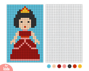 Cute princess pixel color by number page for kids. Educational activity for preschool and kindergarten children to learn numbers and colors. Simple square grid design with a single character.