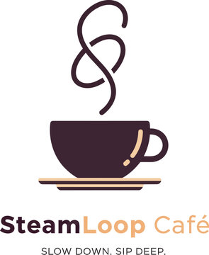 Steam Loop Cafe brand logo featuring a hot cup vector illustration