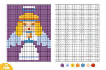 Cute angel pixel color by number page for kids. Educational activity for preschool and kindergarten children to learn numbers and colors. Simple square grid design with a single character.