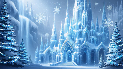Fototapeta premium An enchanting winter landscape featuring a majestic blue ice castle surrounded by deep snow and frozen trees in a fairytale world.
