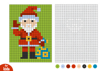 Cute Santa Claus character with a Christmas bag. Pixel color by number page. Educational activity for preschool and kindergarten children to learn numbers and colors. Simple square grid design
