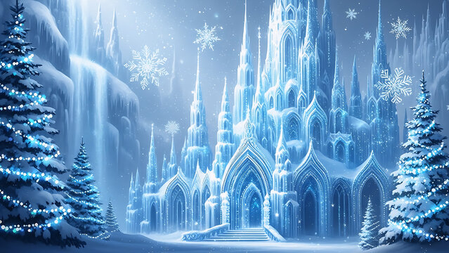 An enchanting winter landscape featuring a majestic blue ice castle surrounded by deep snow and frozen trees in a fairytale world.