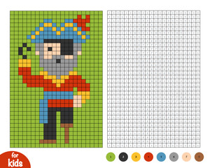 Cute pirate character with hook hand. Pixel color by number page for kids. Educational activity for preschool and kindergarten children to learn numbers and colors. Simple square grid design