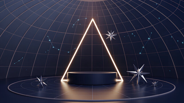 Futuristic Observatory Stage with Neon Triangle and Star Ornaments