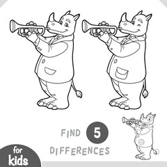 Rhino character and trumpet. Spot the differences game for kindergarten and preschool children. Black and white coloring page for kids about musicians