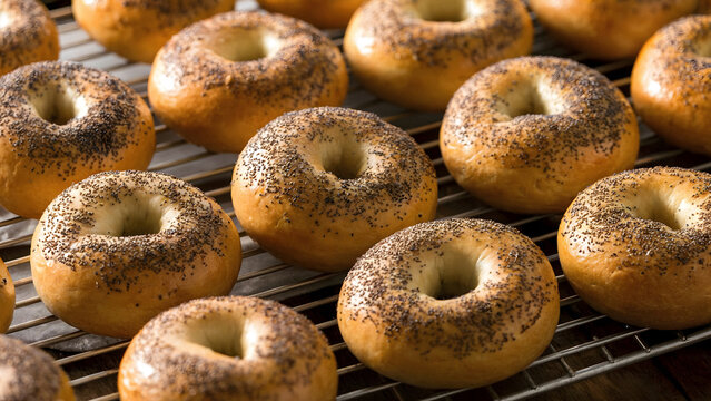Freshly baked poppy seed bagels on cooling rack breakfast or brunch service at your cafe