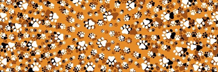 Yellow brown background with cat paw prints, wide background