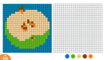 Half of green apple pixel color by number page for kids. Educational activity for preschool and kindergarten children to learn numbers and colors. Square grid design about fruits and vegetables
