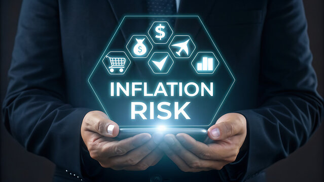 Businessman holding a glowing digital hexagon display showing the words inflation risk surrounded by icons representing finance, commerce, and travel - Powered by Adobe