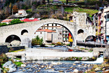 Image of the medieval New Bridge of Camprodon over the Ter River in Ripoll&egrave;s, Girona province, Catalonia, Spain