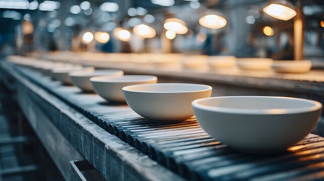 Ceramic bowls moving along a production line in a factory setting.
