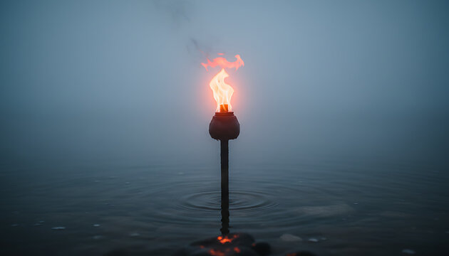 Mystical tiki torch flame casts a warm glow on tranquil waters at twilight