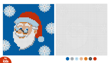 Santa Claus character. Pixel color by number page for kids. Educational activity for preschool and kindergarten children to learn numbers and colors. Square grid design about Christmas