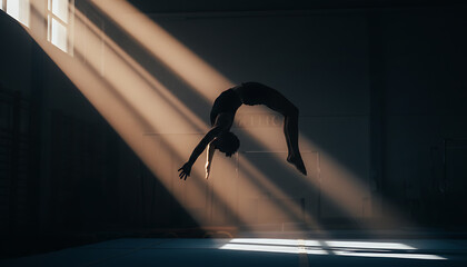 Dynamic gymnast performing backflip in sunlit gymnasium, strength and flexibility