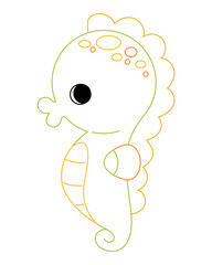Cute seahorse with bold colorful outline. Flat vector illustration isolated on white background. Fun ocean animal coloring page for kids. Easy activity worksheet for preschool projects