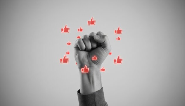 Black and white clenched human fist raised upwards is surrounded by glowing red like icons, symbolizing digital activism and online approval on a grey background