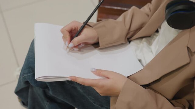 overhead view hands flipping sketchbook pages while drawing with headphones nearby, focused concept artist refining layout and composition, casual blazer and relaxed posture, rhythmic creative process