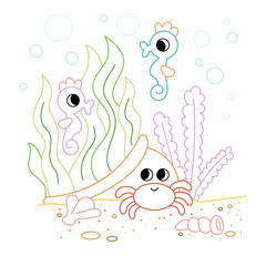 Underwater vase with sea horses and crab in bold color outline. Flat vector illustration isolated on white background. Ocean animal coloring page for kids. Easy activity preschool worksheet