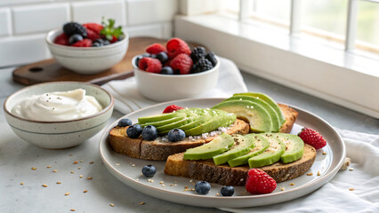 Avocado toast with berries and yogurt