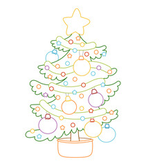 Decorated Christmas tree with top star in bold color outline. Flat vector illustration isolated on white background. Cozy holiday coloring page for kids books. Winter activity worksheet.