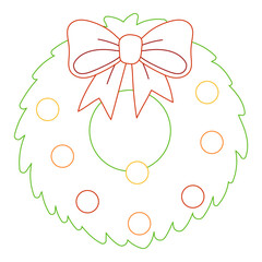 Christmas wreath with a bow in bold colorful outline. Flat vector illustration isolated on white background. Fun festive coloring page for kids books. Easy holiday activity worksheet.