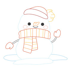 Cute snowman in scarf and hat in bold color outline. Flat vector illustration isolated on white background. Fun winter coloring page for kids books. Easy holiday activity worksheet.