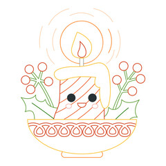 Cute candle with smiling face in bold colorful outline. Flat vector illustration isolated on white background. Cozy holiday coloring page for kids books. Easy activity worksheet.