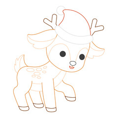 Little reindeer in a hat in bold colorful outline. Flat winter vector illustration isolated on white background. Fun Christmas coloring page for kids books. Easy activity worksheet.