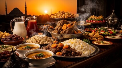 A table laden with various Middle Eastern dishes and steaming food at sunset with a city skyline in the background.
