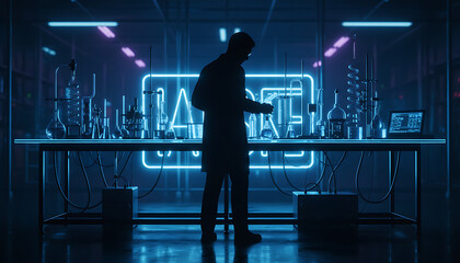 Scientist conducting experiments with flasks in a modern research laboratory