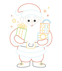 Santa Claus with holiday gifts in bold colorful outline. Flat vector illustration isolated on white background. Fun Christmas coloring page for kids books. Easy activity worksheet.