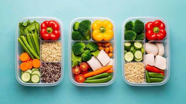 Balanced, healthy meal prep with lean protein, colorful vegetables, grains. for diet, fitness, and health on blue background.