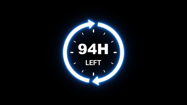 Neon blue clock icon with 94 hours left countdown on black background timer time