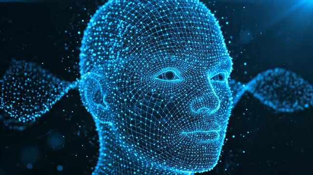 Futuristic digital human face visualization. Neon wireframe human head reflects innovative technology and AI. Visual representation creates immersive experience.
