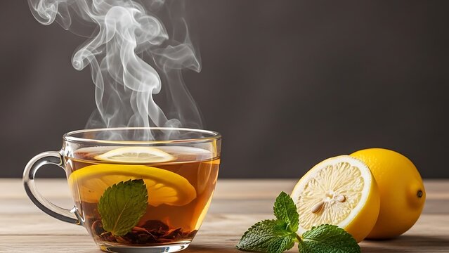 Steaming hot tea with fresh lemon slices and invigorating mint leaves, served in a clear glass mug on a rustic wooden table, embodying warmth and comfort.