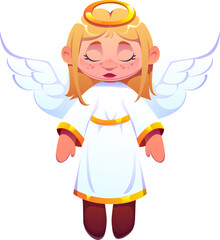 Christmas angel decoration or cartoon character for winter holiday, vector personage. Angel baby or cherub kid with wings and golden halo as Xmas tree bauble ornament for Christmas eve greeting