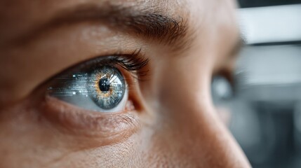 Close-up of a human eye reflecting digital data, symbolizing artificial intelligence and technology integration.
