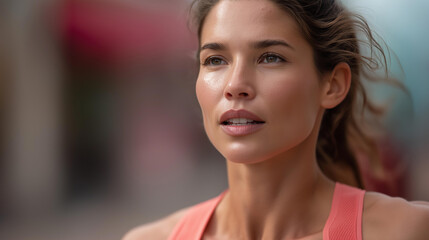 Woman running in urban setting defocused determined expression, faceless city workout, athletic visualization detail, blurred street background, fitness concept, determination inte