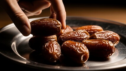 Hand picking up dates from a pile on a metal plate.