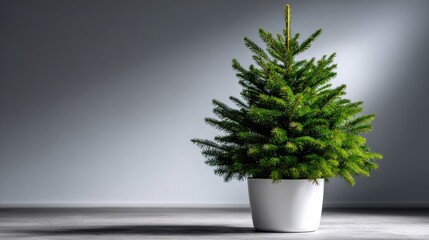 Fototapeta premium Minimalist Christmas tree in a white pot with a smooth gradient background and ample copy space. Ideal for holiday marketing and modern decor concepts.