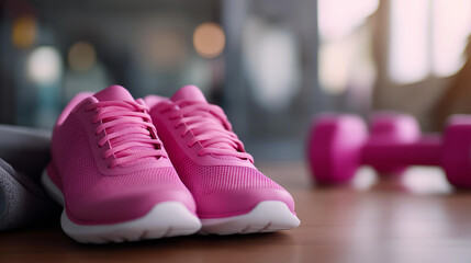 Vibrant pink fitness shoes alongside defocused workout essentials, faceless gym setting, footwear visualization detail, blurred equipment background, training concept, athletic int