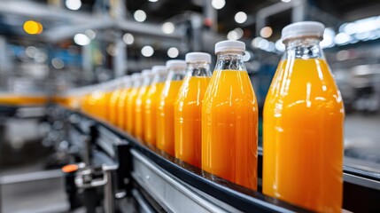 Orange juice bottles on a conveyor belt in a factory setting, representing automation in beverage production.