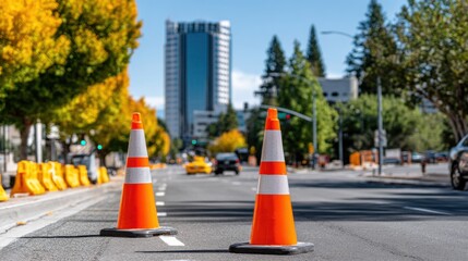 Orange traffic cones and yellow barriers mark a city street under construction with a skyscraper in the background, emphasizing urban safety.