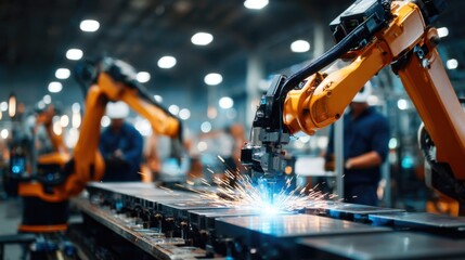 Industrial robotic arms welding on a production line, showcasing modern automation and manufacturing technology.