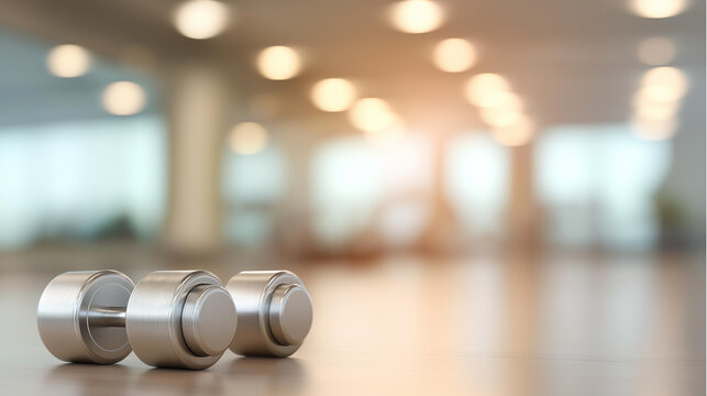 Blurred fitness gym environment metallic defocused workout equipment, faceless barbells mats, cool lighting visualization detail, blurred neutral background, motivation concept, ac